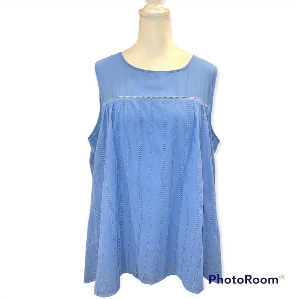 AGB Woman Blue Sleeveless Blouse 1X Ladder Stitch Crochet Trim Mesh Back 3487RIM